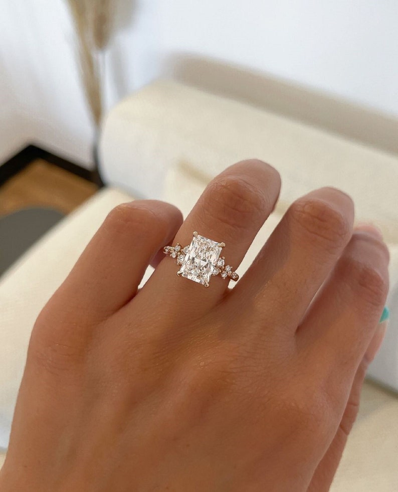 4ct Lab Grown Radiant Cut Diamond Engagement Ring: Rose Gold Floral Band, 14k Yellow Gold