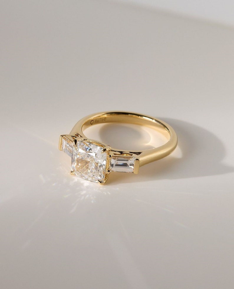 2ct Square Cushion Cut Three-Stone Engagement Ring with Each 0.25ct Baguette Accents