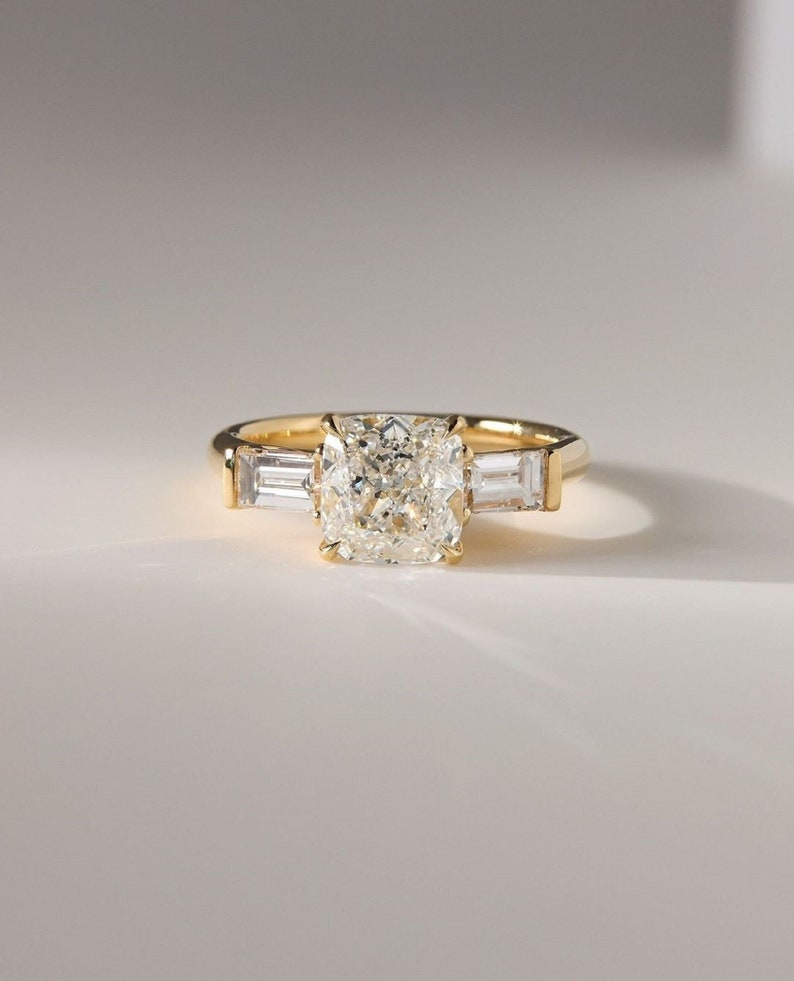 2ct Square Cushion Cut Three-Stone Engagement Ring with Each 0.25ct Baguette Accents