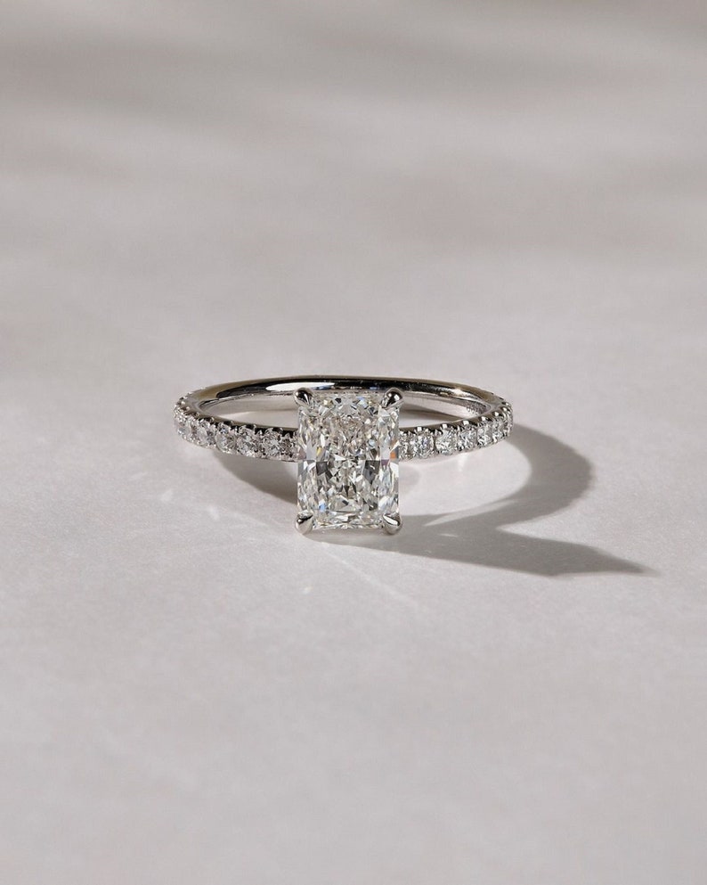 3ct Radiant Cut Lab Grown Diamond Engagement Ring, 14K White Gold.