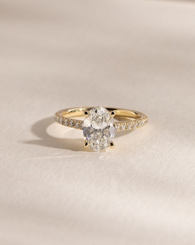 3ct Oval Hidden Halo Engagement Ring 14k Yellow Gold with Pave Band