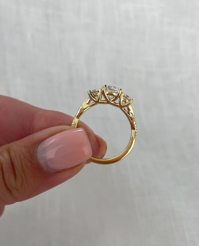 1.50ct Center Side- 0.25ct Each Three Stones Pave Engagement Ring, 14K  Yellow Gold, Paved Diamond Wedding Ring, Round Cut Diamonds