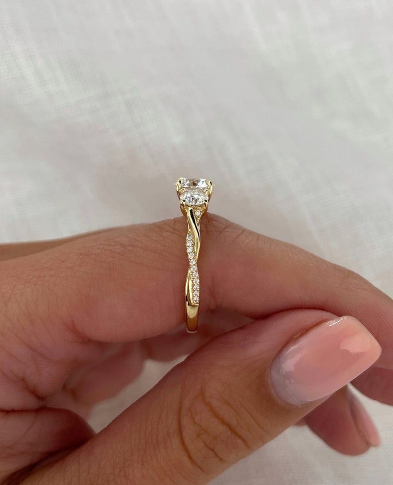 1.50ct Center Side- 0.25ct Each Three Stones Pave Engagement Ring, 14K  Yellow Gold, Paved Diamond Wedding Ring, Round Cut Diamonds