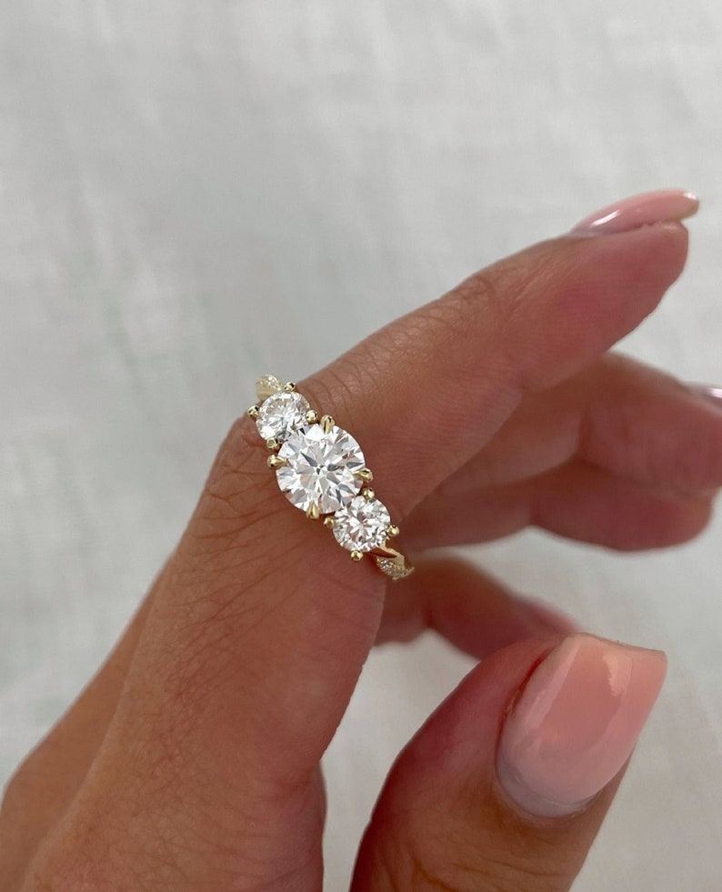 1.50ct Center Side- 0.25ct Each Three Stones Pave Engagement Ring, 14K  Yellow Gold, Paved Diamond Wedding Ring, Round Cut Diamonds