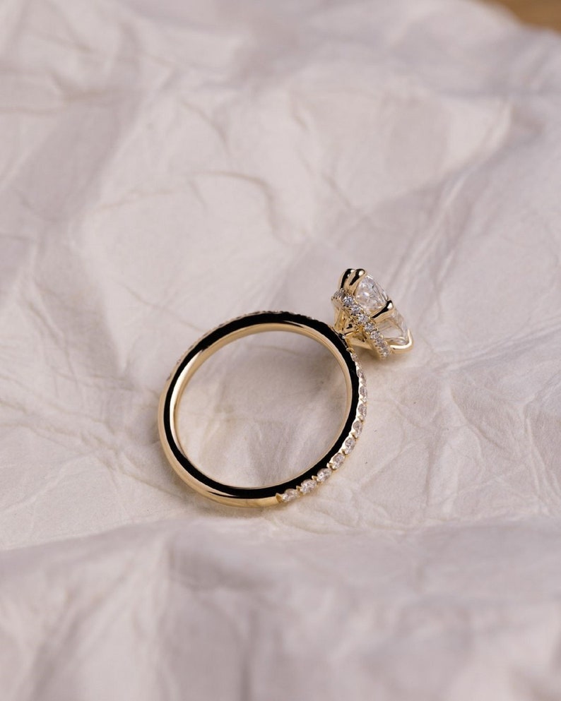 3ct Pear Cut Hidden Halo Diamond Engagement Ring in 14K Yellow Gold Pave