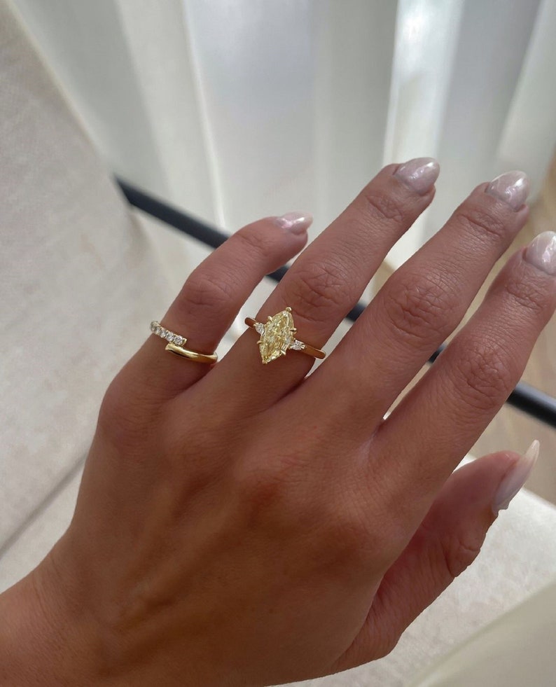 2CT Light Yellow Marquise Cut Lab Grown Three Stone Ring/Accents Pear Cut/Art Deco Engagement Ring/Unique Wedding Ring/Anniversary Gifts/Ring