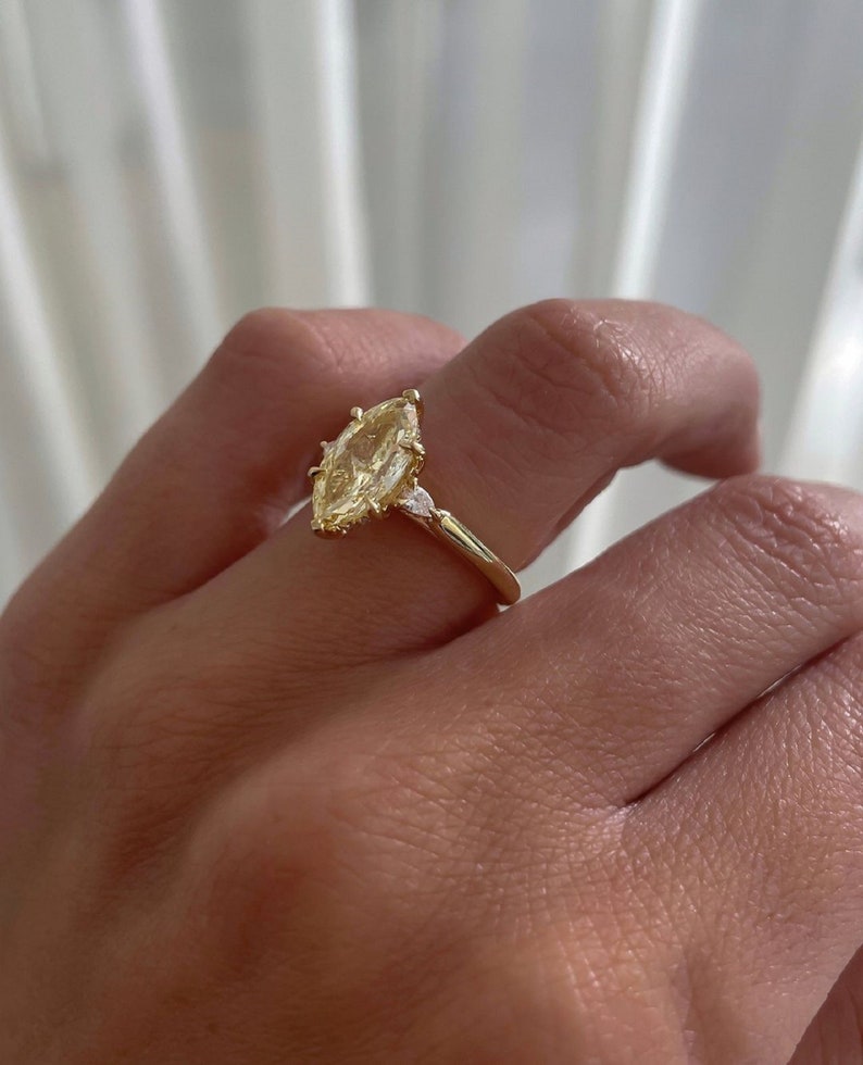 2CT Light Yellow Marquise Cut Lab Grown Three Stone Ring/Accents Pear Cut/Art Deco Engagement Ring/Unique Wedding Ring/Anniversary Gifts/Ring