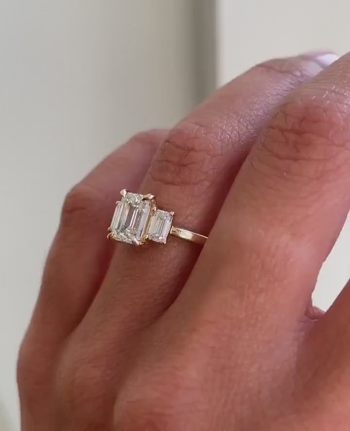 3ct Emerald Cut Lab Grown Engagement Ring | Three Stone Anniversary & Bridal Ring Side Diamonds Emerald Each 0.50ct