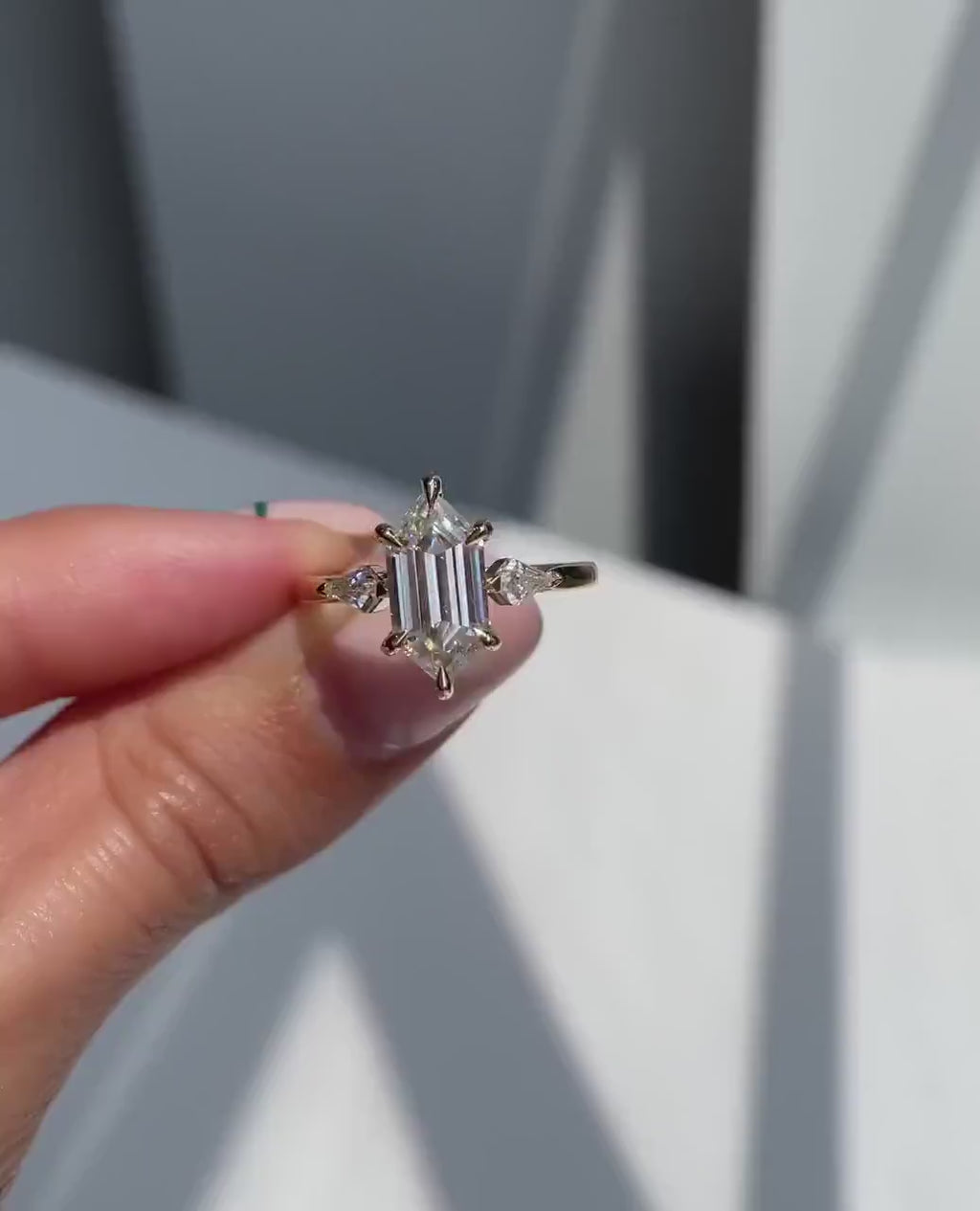 2.50ct Unique Hexagon Lab Grown Engagement Ring - Kite Side Stones Each 0.25ct - Minimalist Gold Band