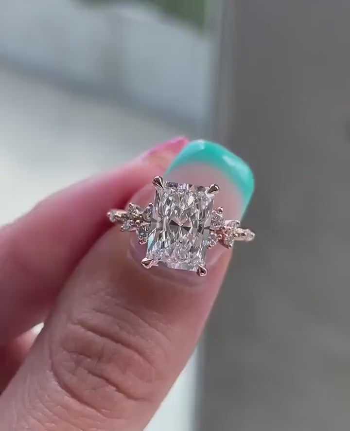 4ct Lab Grown Radiant Cut Diamond Engagement Ring: Rose Gold Floral Band, 14k Yellow Gold