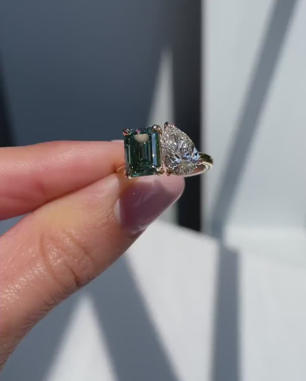 3ctw Emerald-Cut Green Lab-Grown Diamond & 2CT Pear-Cut Total 5ctw White Diamond Duo Ring in 14K Gold