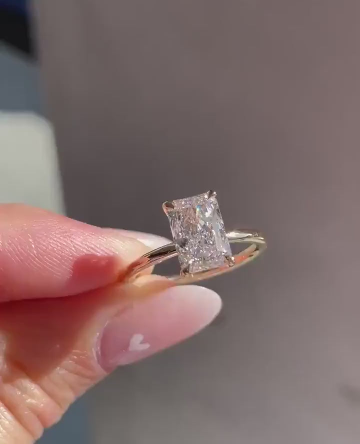 3ct Radiant Cut Solitaire Engagement Ring with Hidden Halo in 14K Yellow Gold