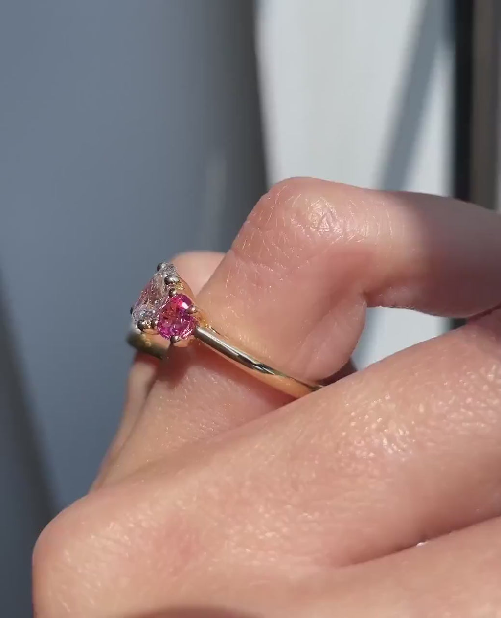 2ct oval Lab-Grow Diamond & Pink Each 0.75ct lab Grow Three-Stone Ring in 14K Yellow Gold