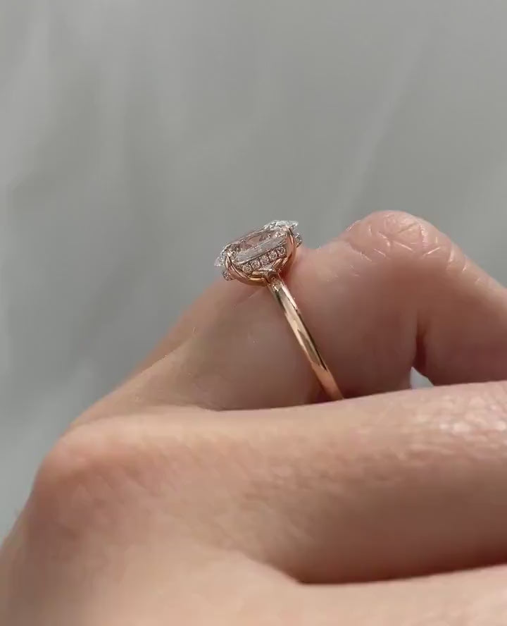 3ct Oval Solitaire Rose Diamond Ring 14k Rose Gold Hidden Halo