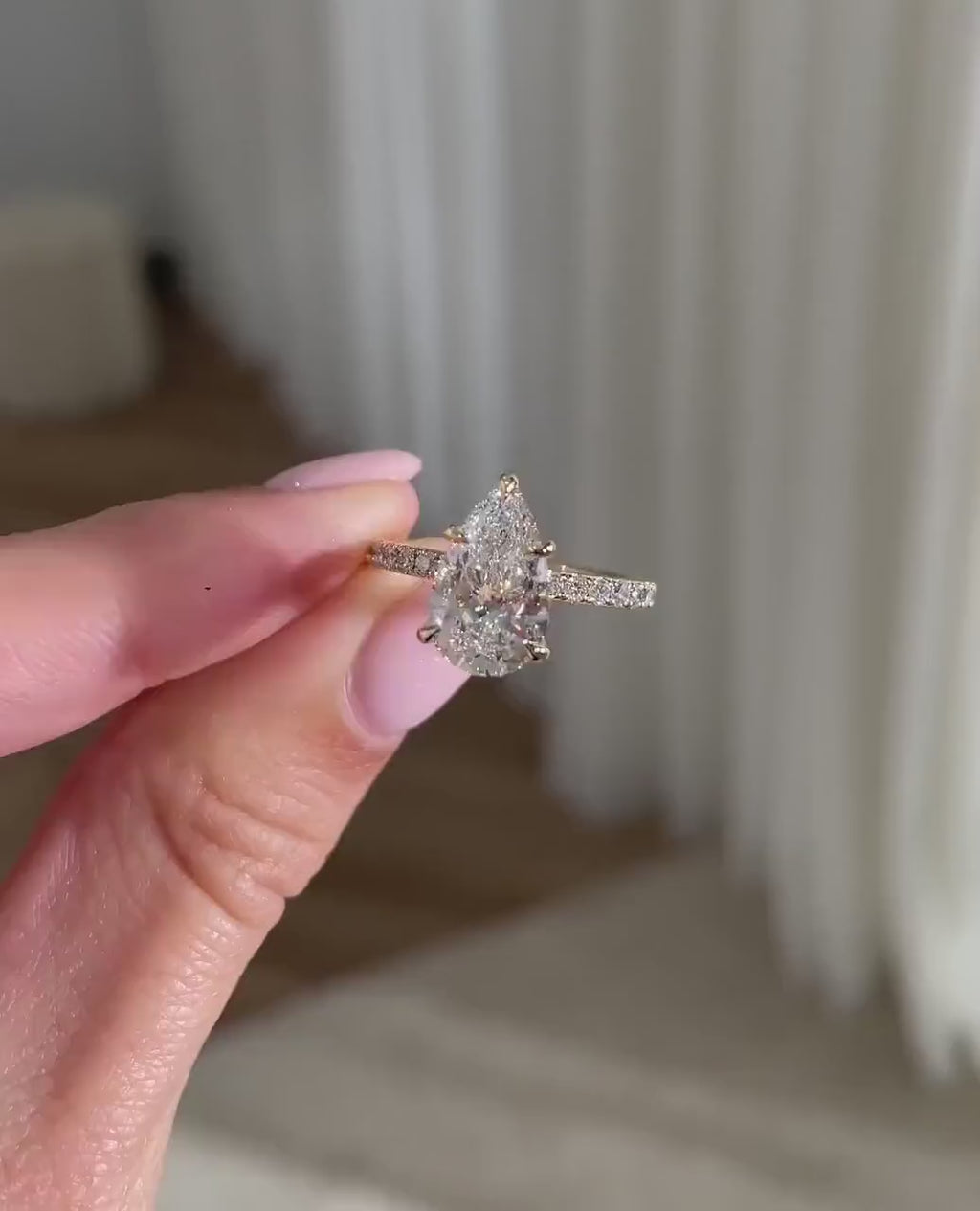 3ct Pear Cut Hidden Halo Diamond Engagement Ring in 14K Yellow Gold Pave