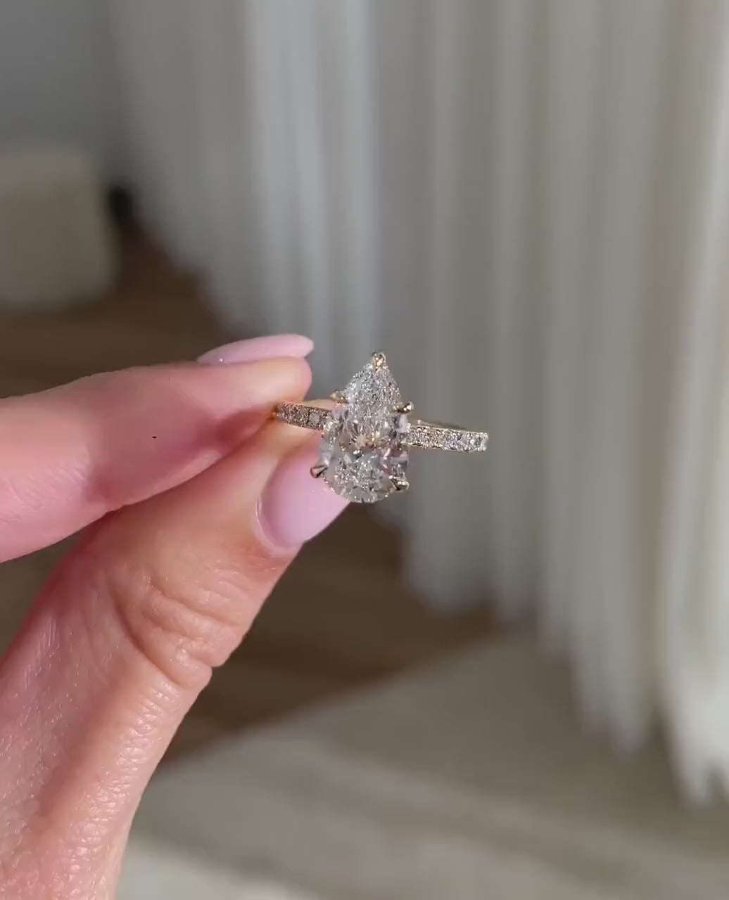 3ct Pear Cut Hidden Halo Diamond Engagement Ring in 14K Yellow Gold Pave