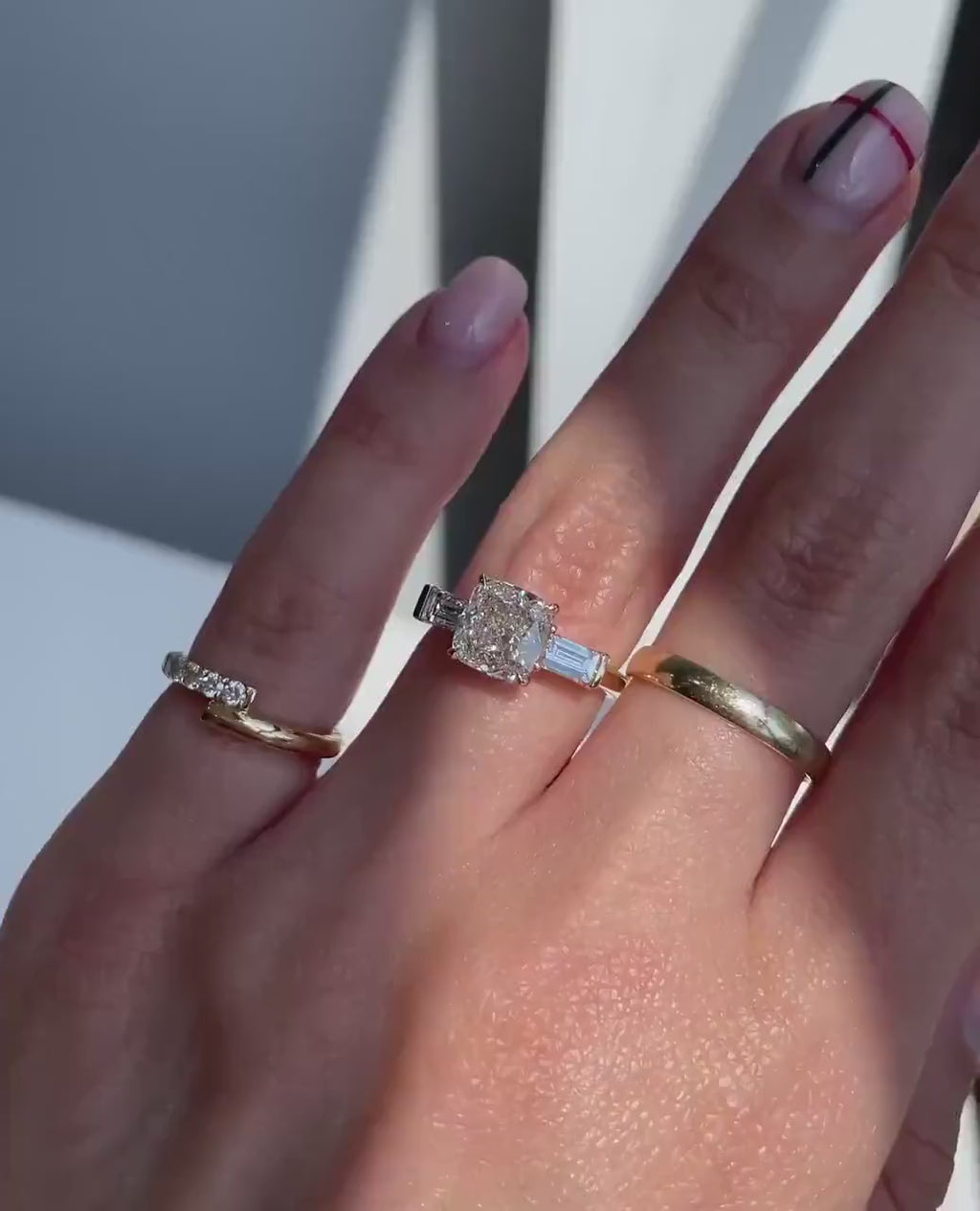 2ct Square Cushion Cut Three-Stone Engagement Ring with Each 0.25ct Baguette Accents