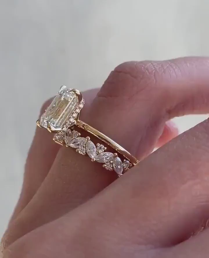 3ct Emerald Cut Lab-Grown Diamond Bridal Set in 14K Gold – Marquise Eternity Band