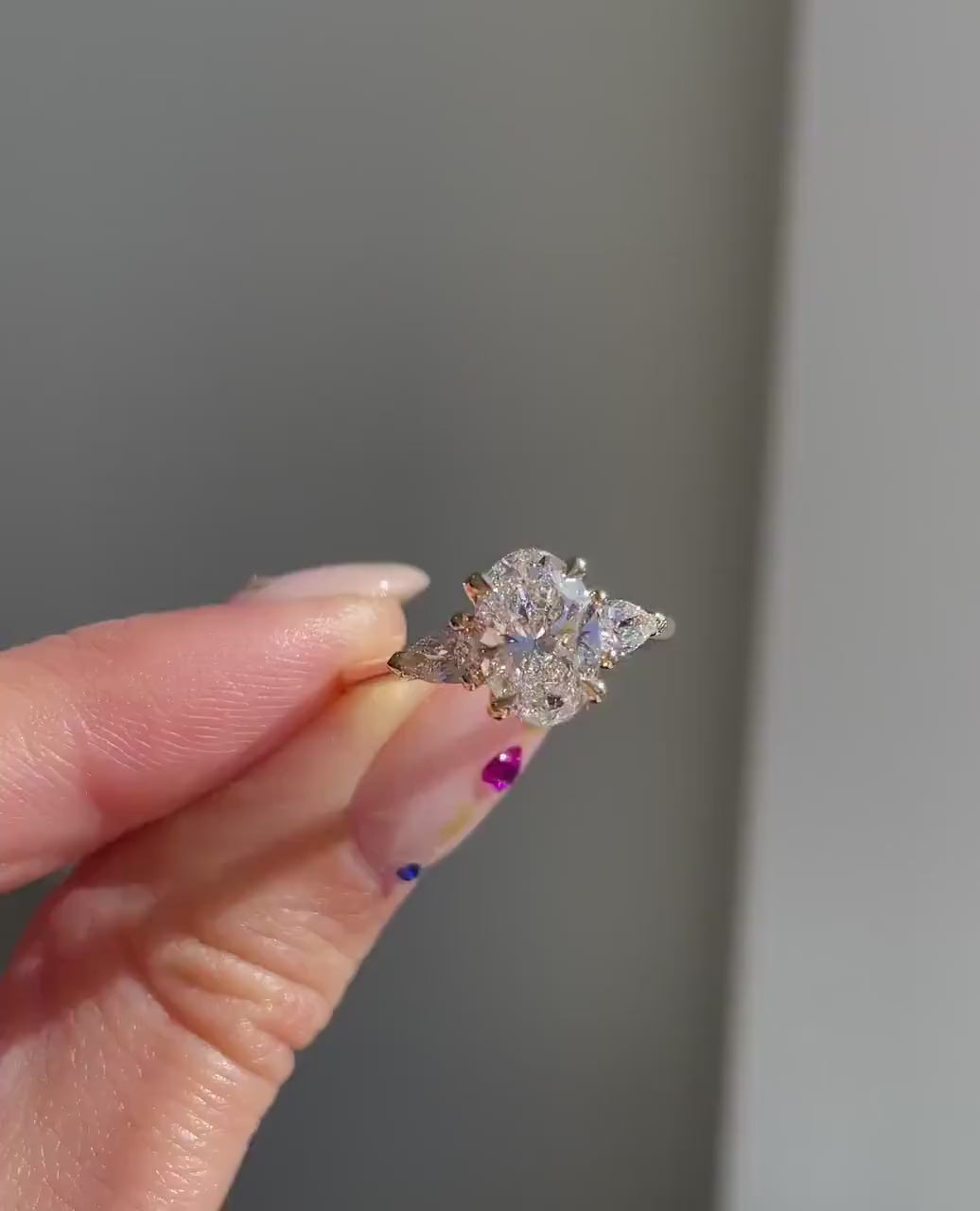 4ctw Elegant Oval Cut Diamond Three-Stone 14k Gold Ring, Side Each Pear Shape Diamond 0.50ct