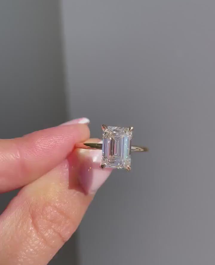 3ct Emerald-Cut Lab Grown Solitaire Diamond Ring in 14k Yellow Gold IGI Certified.